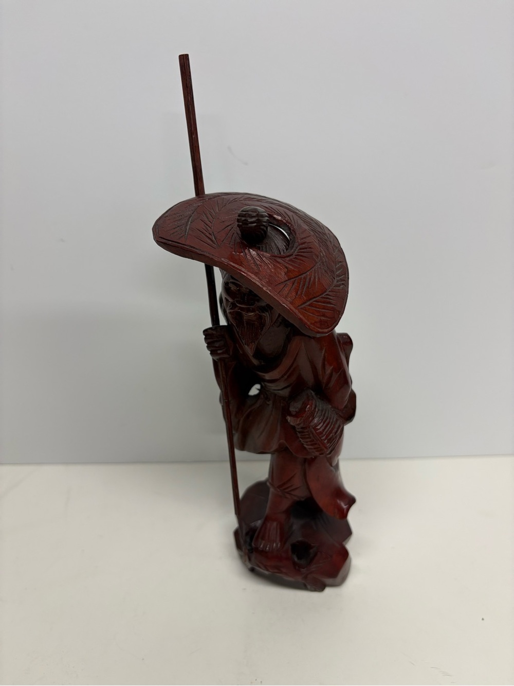 Vintage Hand-Carved Red Wooden Fisherman Figurine Removable Hat